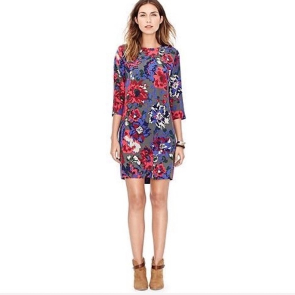 Fossil Blue and Pink Floral Silk Sheath Dress 3/4 Sleeves Round Neck Sz 8